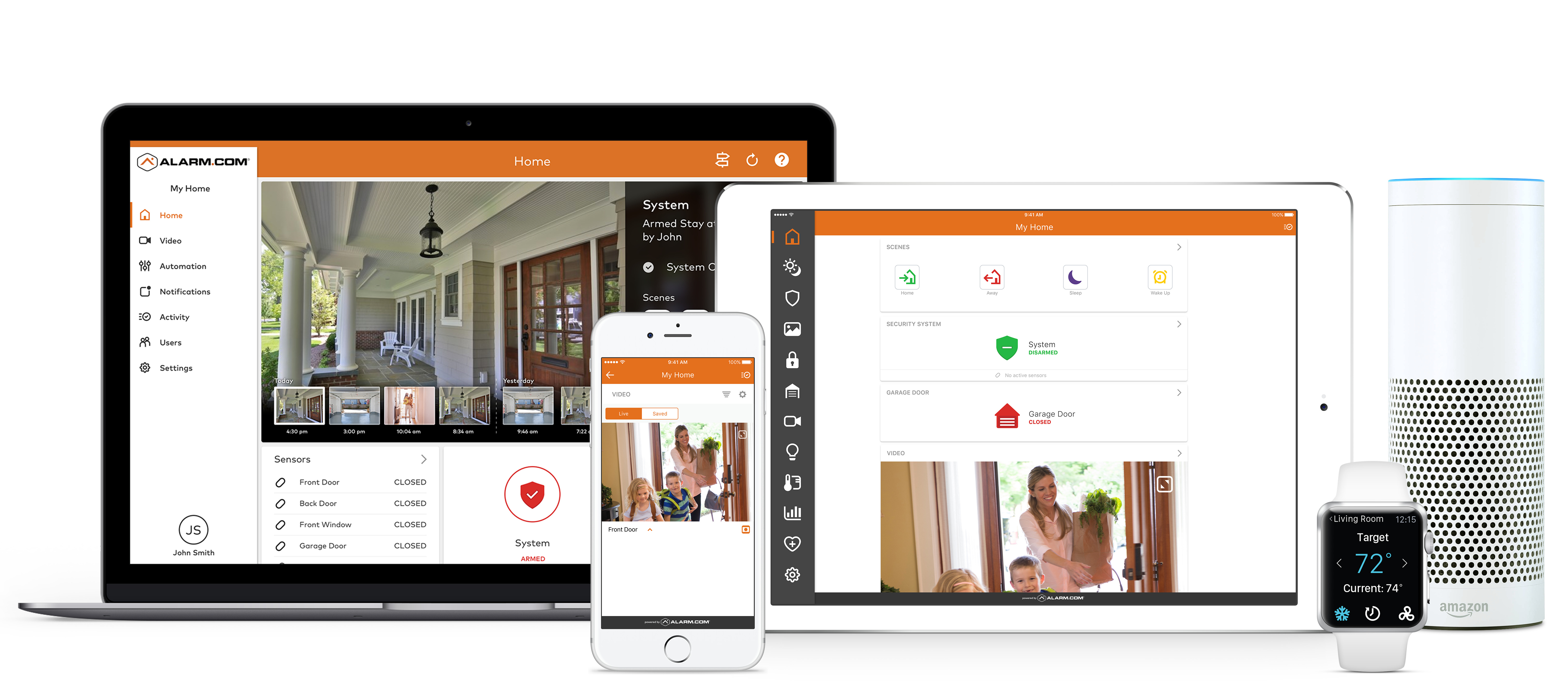 Alarm.com running on various devices.